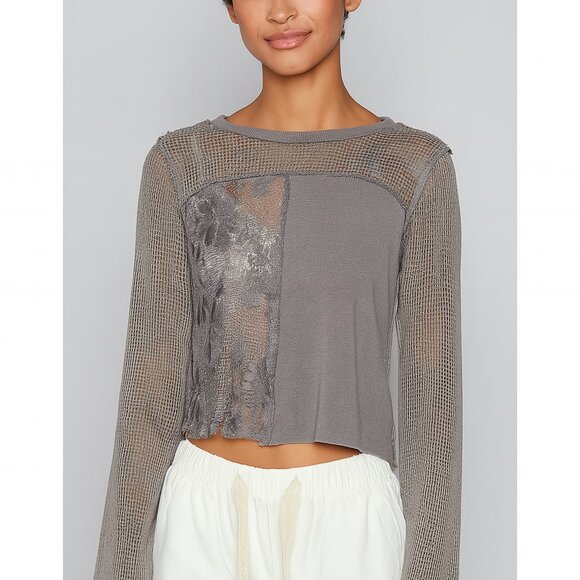 POL Tops - POL Iron Gray round neck lace detailed Top